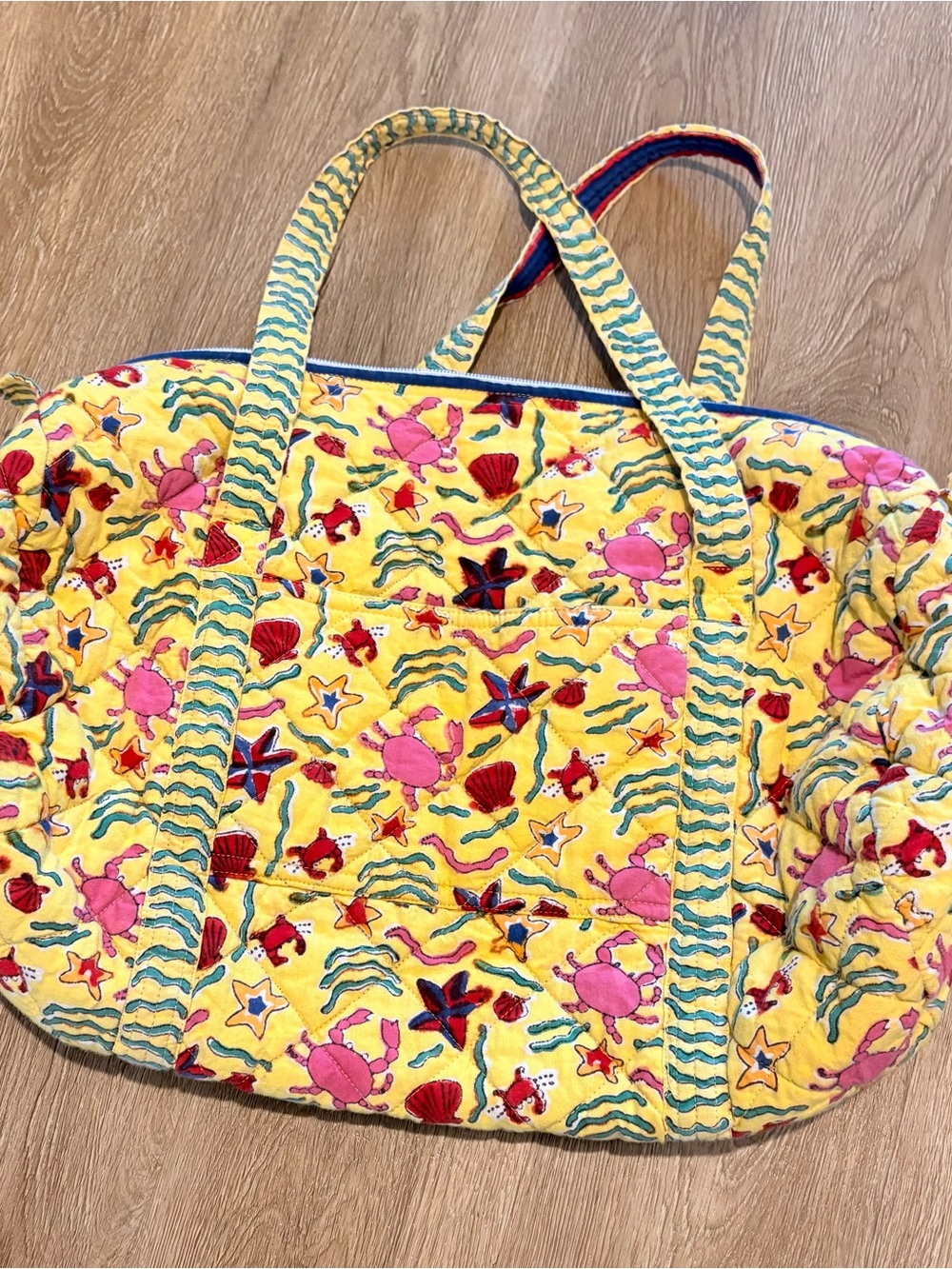 Pomagrante Quilted Crab Beach Weekender Duffel Bag Yellow Coastal Nautical